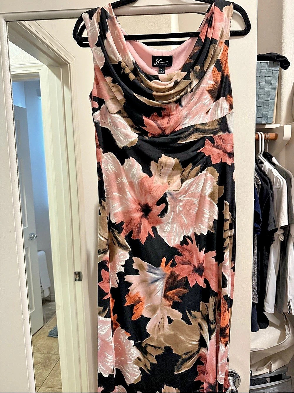 Studio Connection Floral Cowl Neck Midi Dress in Black & Pink Size 8